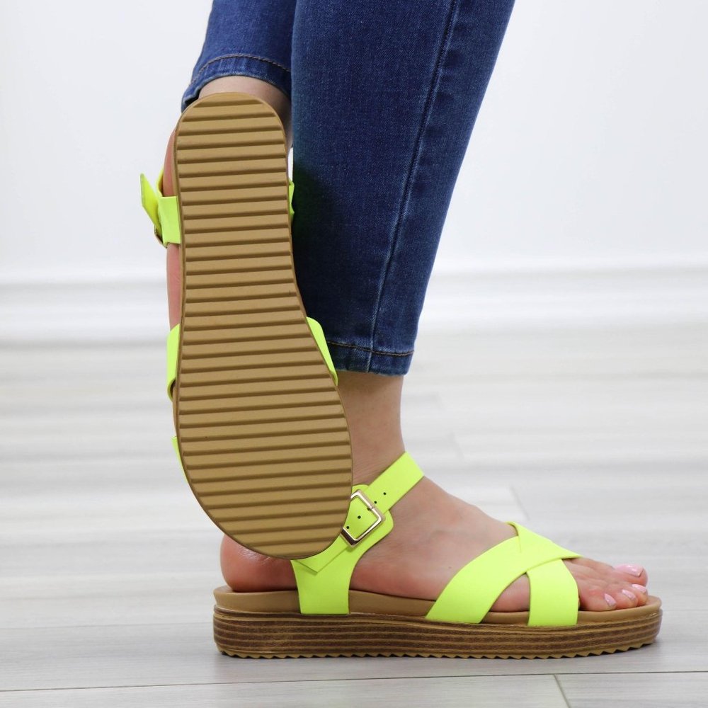 Neon Green Strappy Comfort Sandals Faux Nubuck - Picture 4 of 13